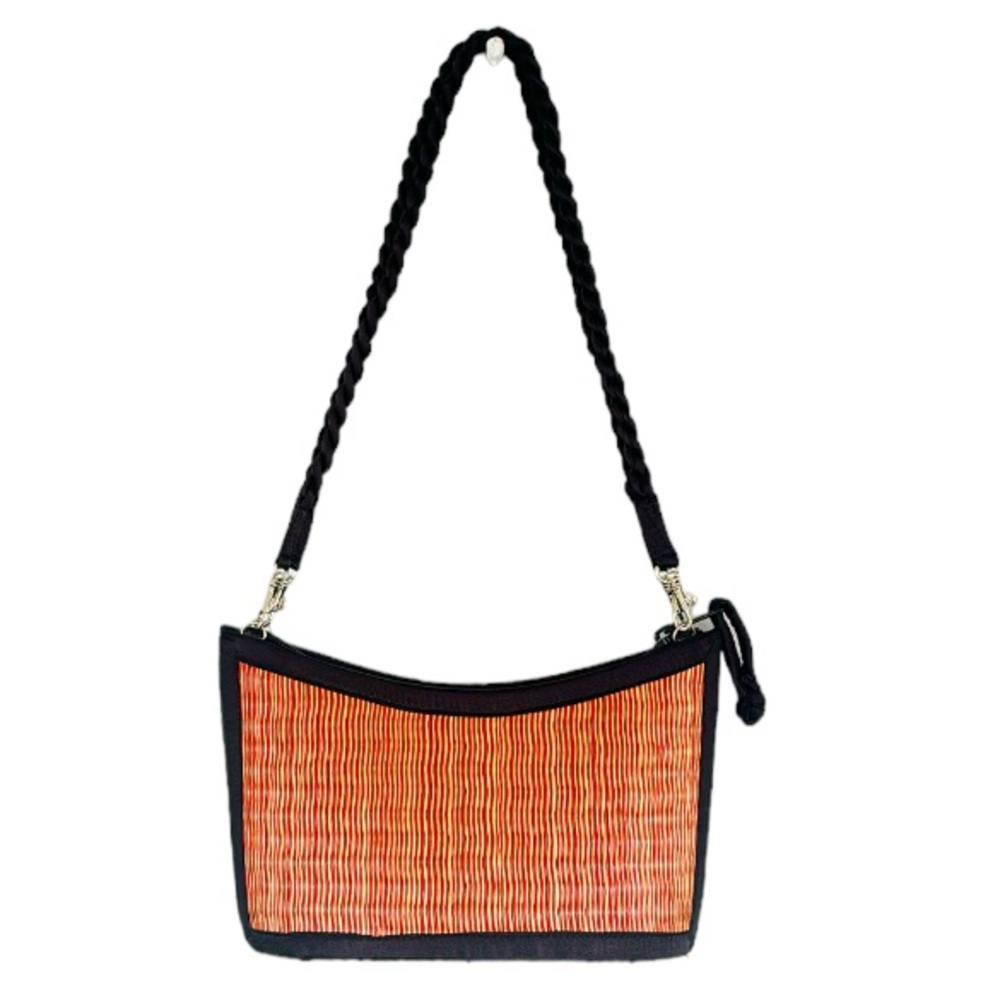 Handmade red tan woven straw black satin trim small structured shoulder bag